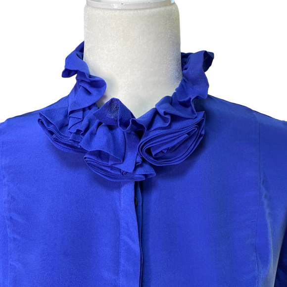 SOFT SURROUNDINGS | sz M Womens Blue Ruffle Collar Silk Button Down Shirt - Picture 2 of 4